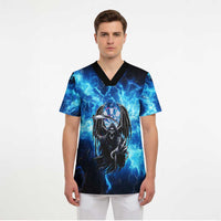 Custom Grim Reaper Bowling Scrub Top with Blue Lightning Background - Wonder Print Shop