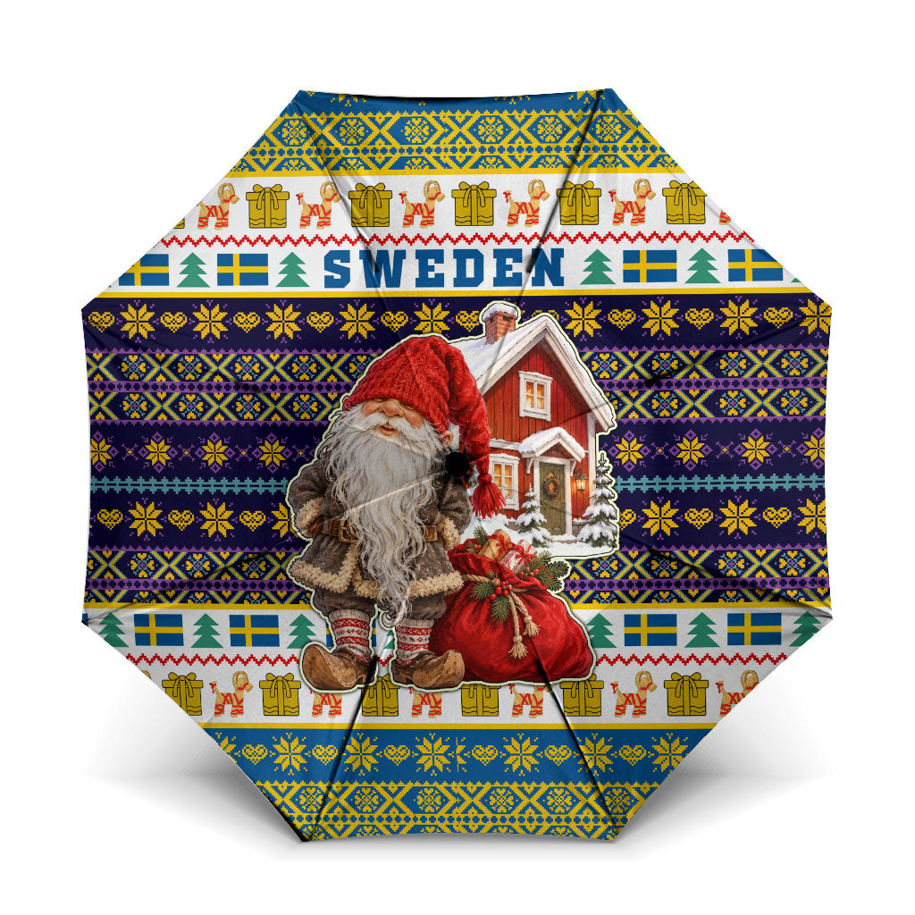 Sweden Christmas Tomte And Yule Goat Umbrella Traditional Scandinavian Folk Art Holiday Pattern