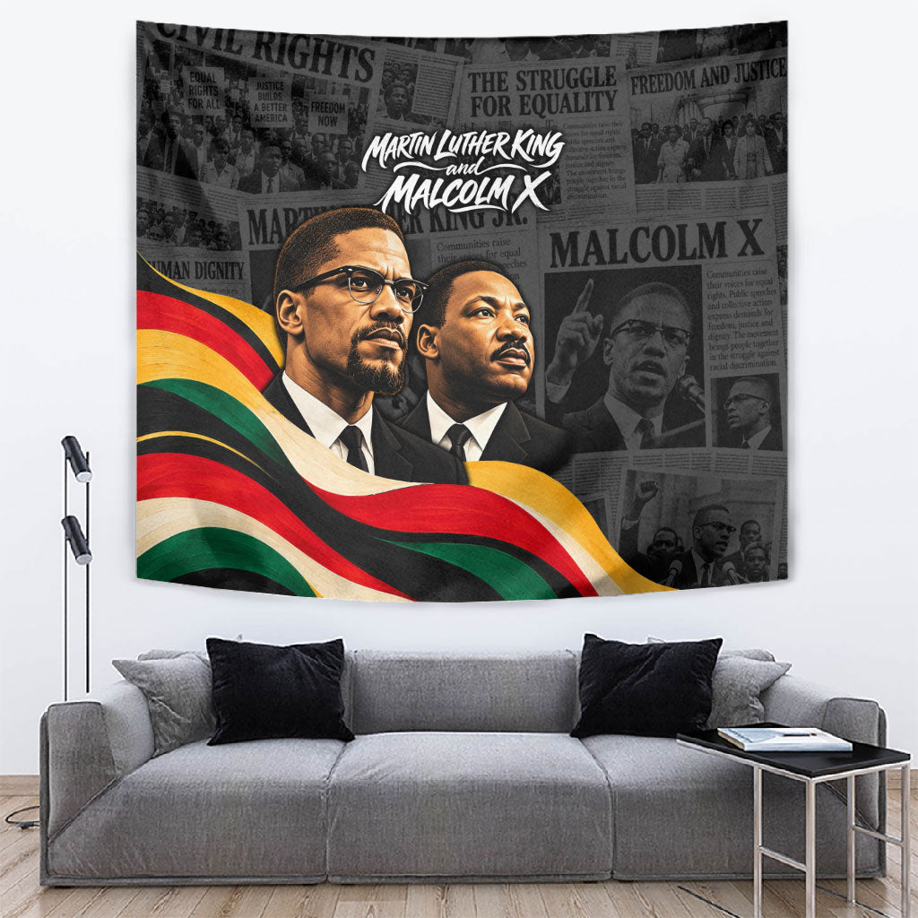 MLK And Malcolm X Civil Rights Tapestry Martin Luther King Jr - Pan African Flag - Vintage Newspaper