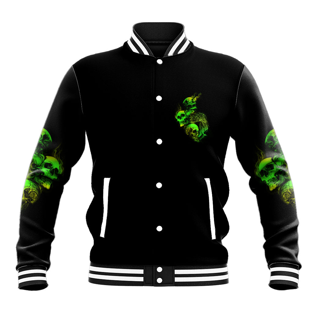 Black unisex baseball jacket with green skull front print, button placket and striped trim.