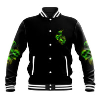 Black unisex baseball jacket with green skull front print, button placket and striped trim.