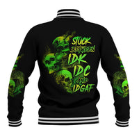 Black unisex baseball jacket with green skull graphic, striped ribbed collar and cuffs.