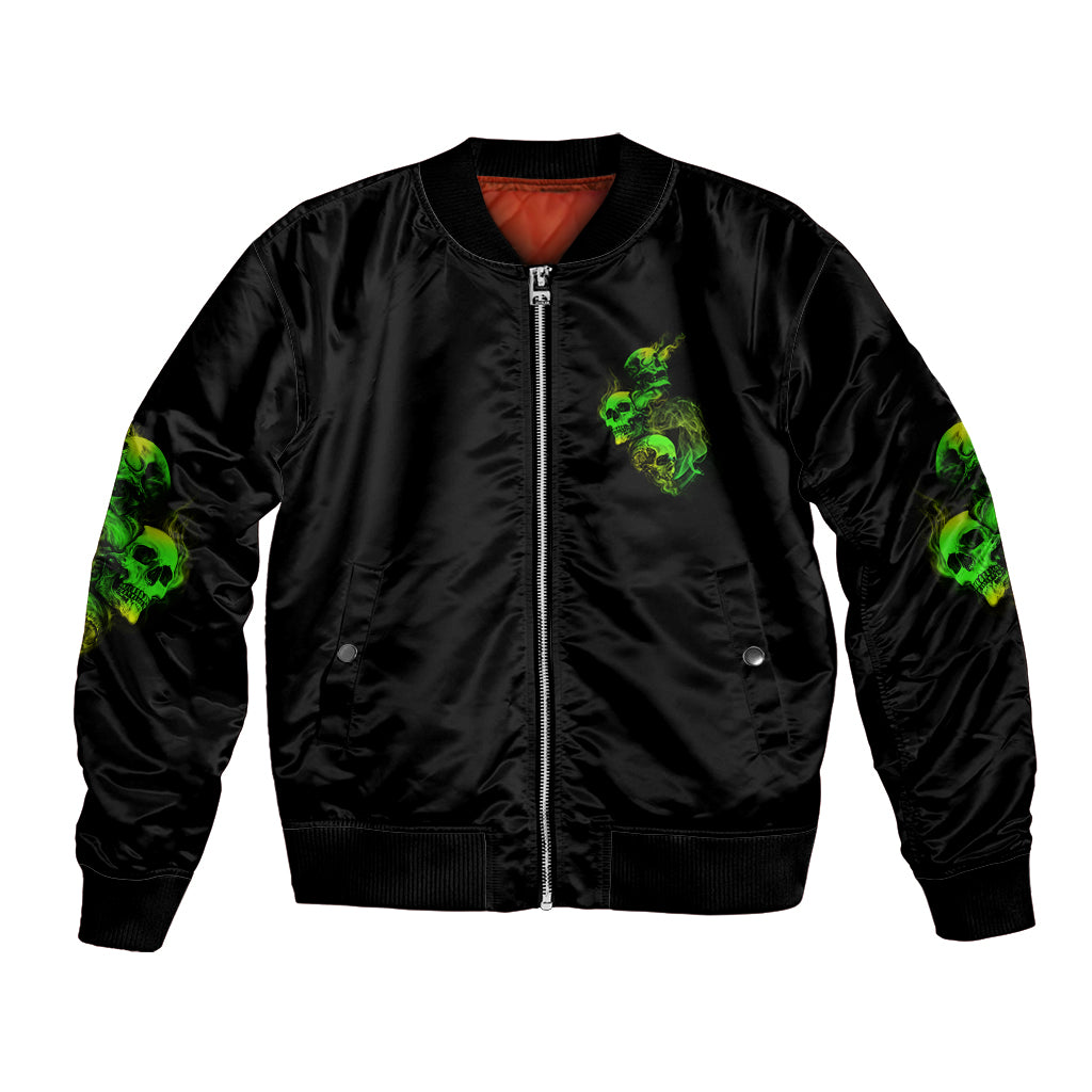 Black satin bomber jacket with front zipper and neon green skull chest graphics
