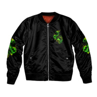 Black satin bomber jacket with front zipper and neon green skull chest graphics