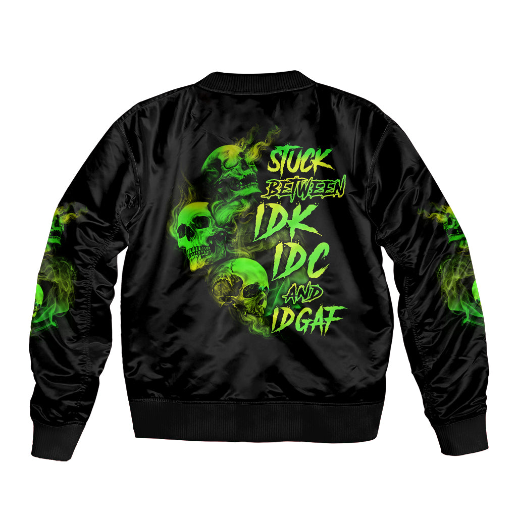 Black satin bomber jacket with green skull graphic and ribbed collar cuffs
