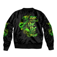Black satin bomber jacket with green skull graphic and ribbed collar cuffs