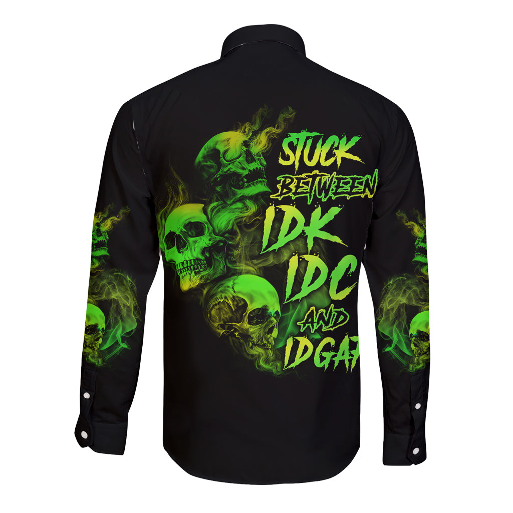 Stuck Between Idk Idc And Idgaf Skull Long Sleeve Button Shirt - Wonder Print Shop