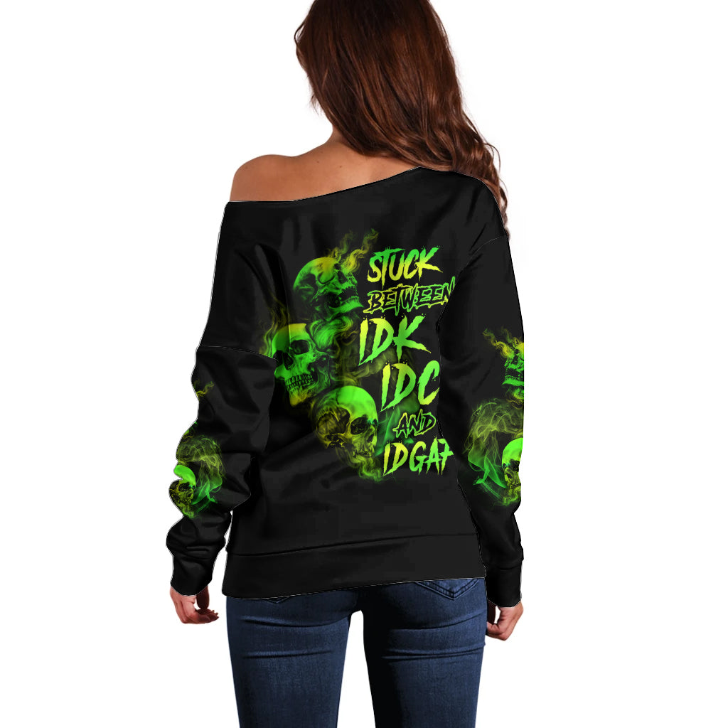 Stuck Between Idk Idc And Idgaf Skull Off Shoulder Sweater - Wonder Print Shop