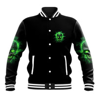 Black varsity baseball jacket with green skull chest patch and snap button front