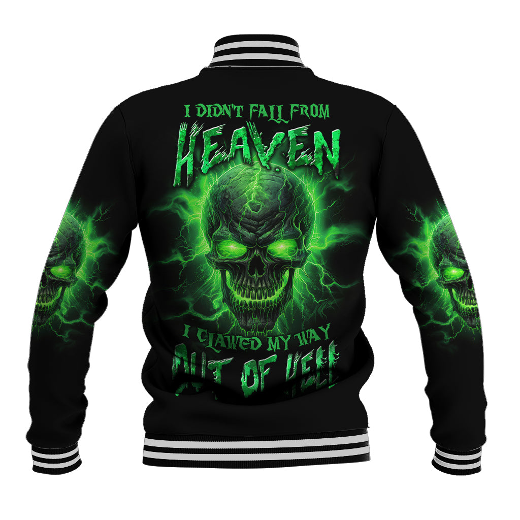 Black baseball jacket with green skull graphic and striped ribbed collar/cuffs