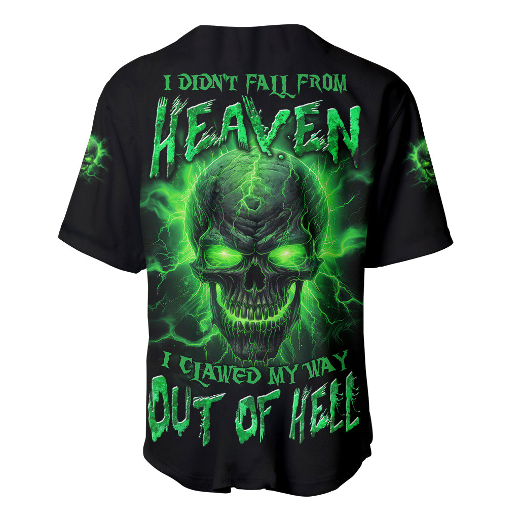 Black baseball jersey with neon green skull graphic on back and text