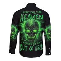 Long sleeve button shirt, black with neon green skull lightning back print