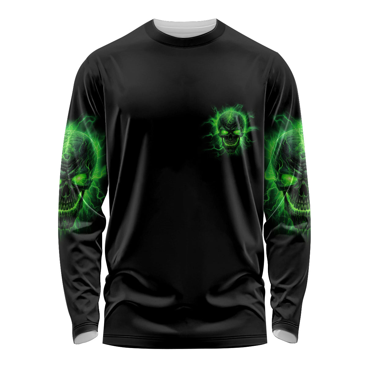 Black long sleeve shirt with neon green skull chest print and glowing sleeve graphics