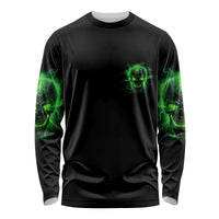 Black long sleeve shirt with neon green skull chest print and glowing sleeve graphics