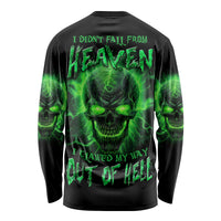 Black long sleeve shirt with neon green skull graphic and text on back