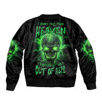 Unisex black bomber jacket with green skull back graphic and ribbed collar cuffs