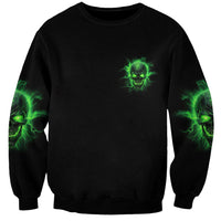 Unisex black sweatshirt with small green skull on chest and green lightning sleeves