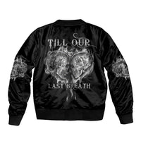 Black bomber jacket with back skull graphic and 'Till Our Last Breath' text