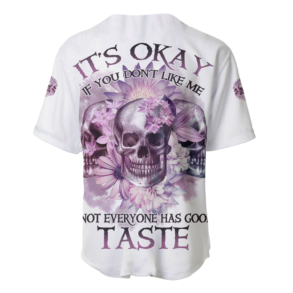 White baseball jersey with purple floral skull graphic and quote text on back