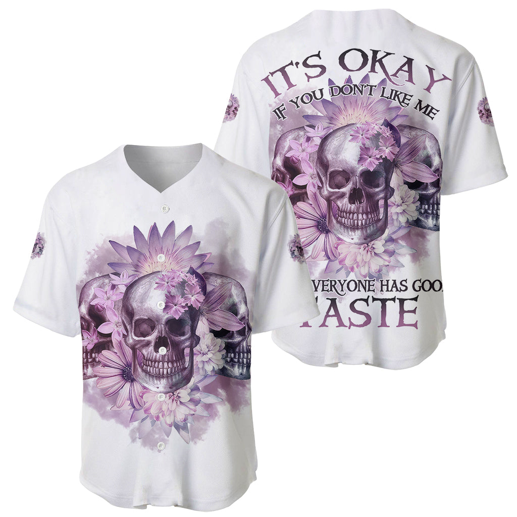 Set of two white baseball jerseys with purple floral skull graphics and quote text