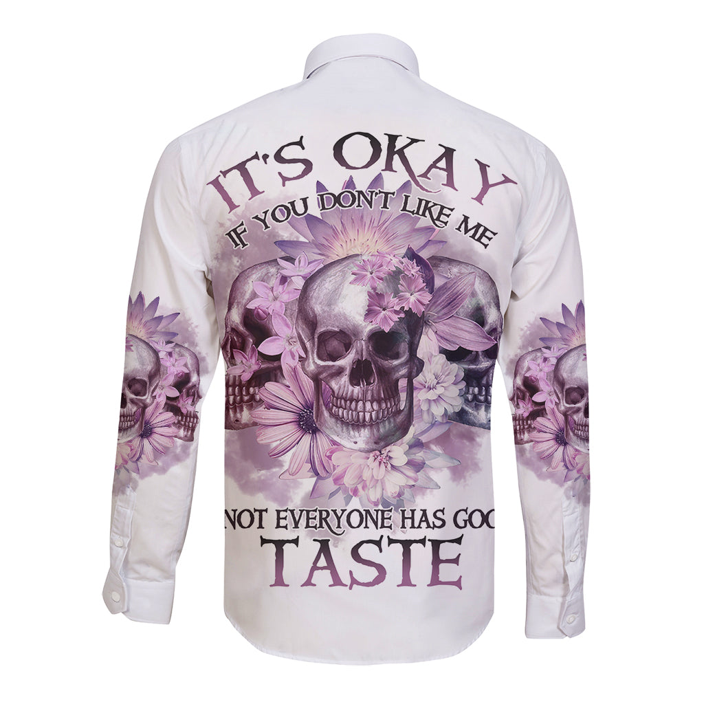 Long-sleeve button shirt with purple floral skull graphic, back view
