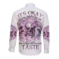 Long-sleeve button shirt with purple floral skull graphic, back view