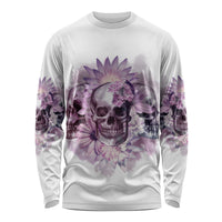 White long sleeve shirt with purple floral skull graphic on front