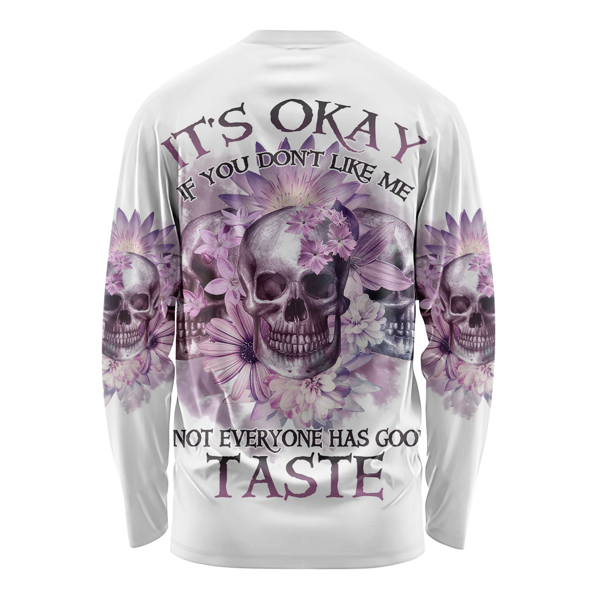 White long sleeve shirt with purple floral skull graphic on back