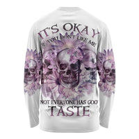 White long sleeve shirt with purple floral skull graphic on back