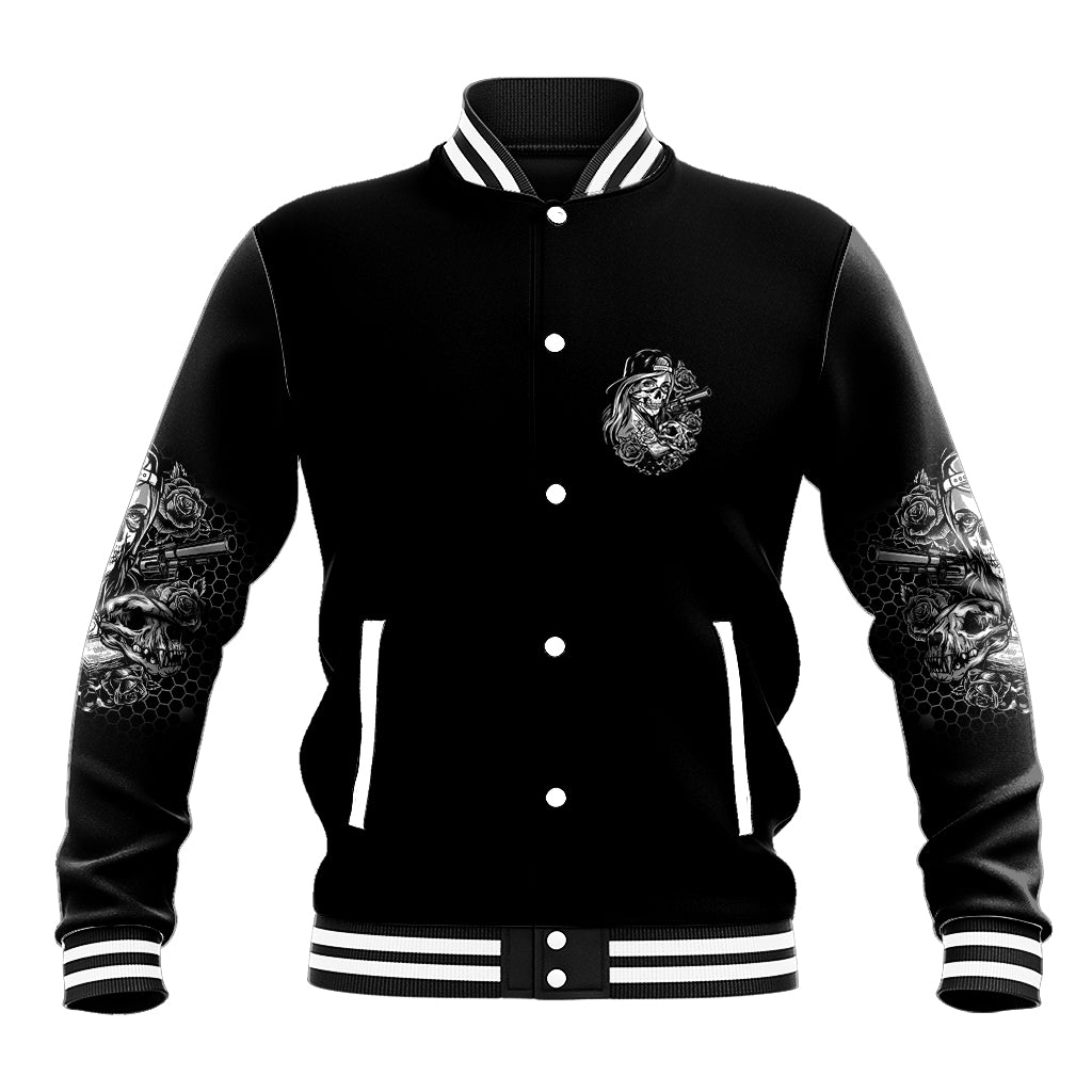 Black unisex baseball jacket with snap button front, striped ribbed cuffs, animal emblem