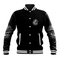 Black unisex baseball jacket with snap button front, striped ribbed cuffs, animal emblem