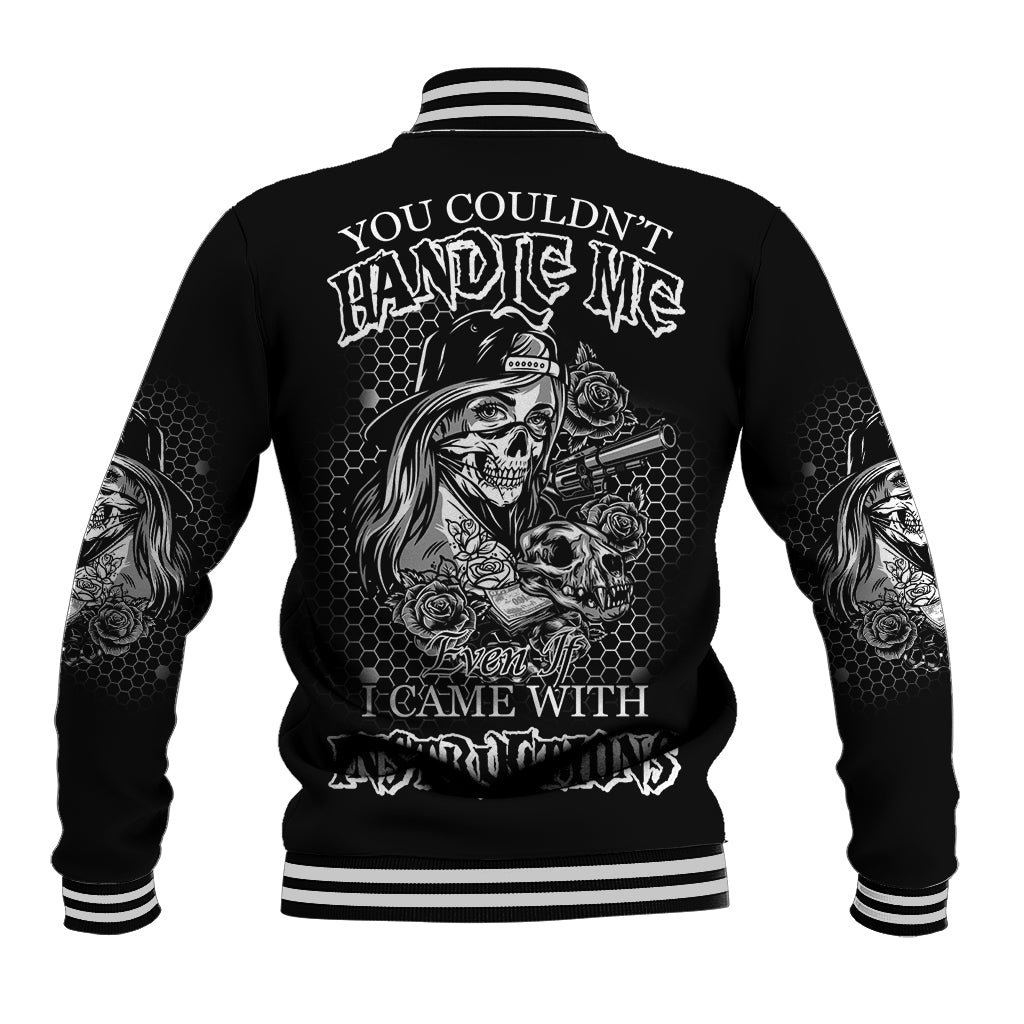 Black unisex baseball jacket with ribbed striped collar and back graphic text