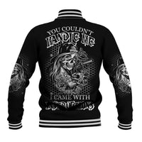 Black unisex baseball jacket with ribbed striped collar and back graphic text
