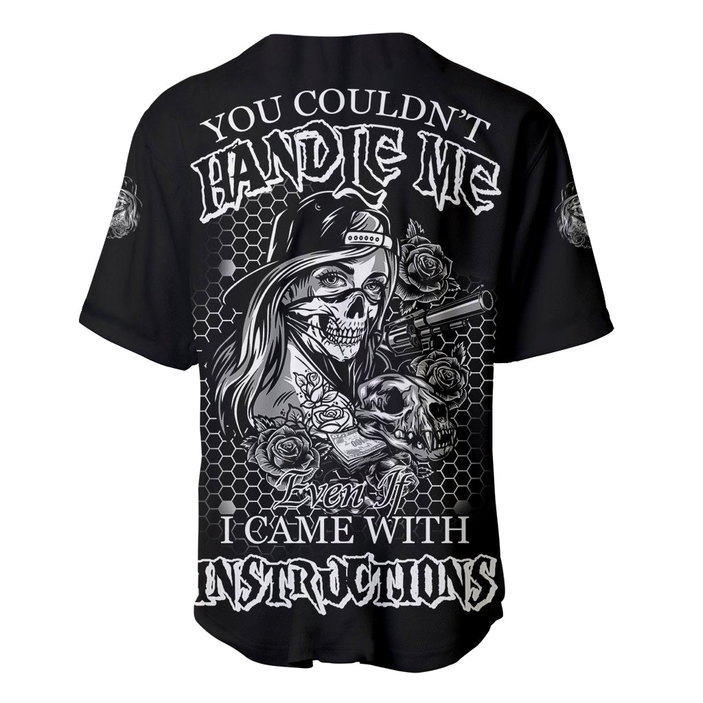 Black baseball jersey with full back skull, roses, and text graphic.