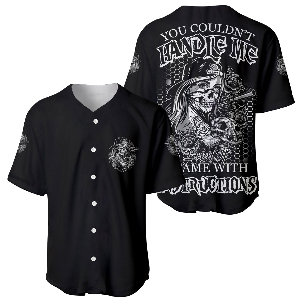 Black baseball jersey pair: front V-neck buttoned emblem and back skull-rose print.
