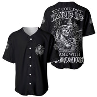 Black baseball jersey pair: front V-neck buttoned emblem and back skull-rose print.