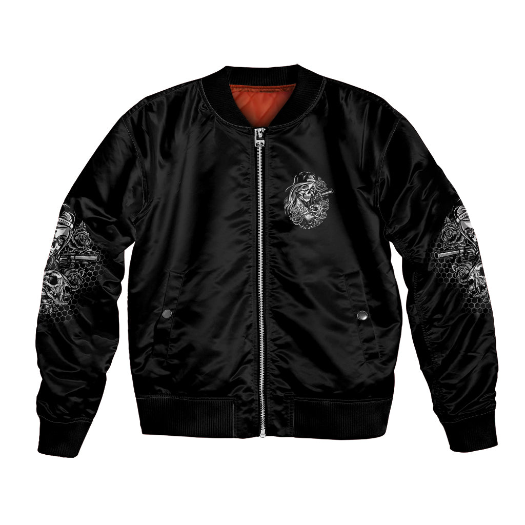 Black unisex bomber jacket with front zipper, orange lining, and embroidered chest emblem