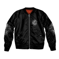 Black unisex bomber jacket with front zipper, orange lining, and embroidered chest emblem