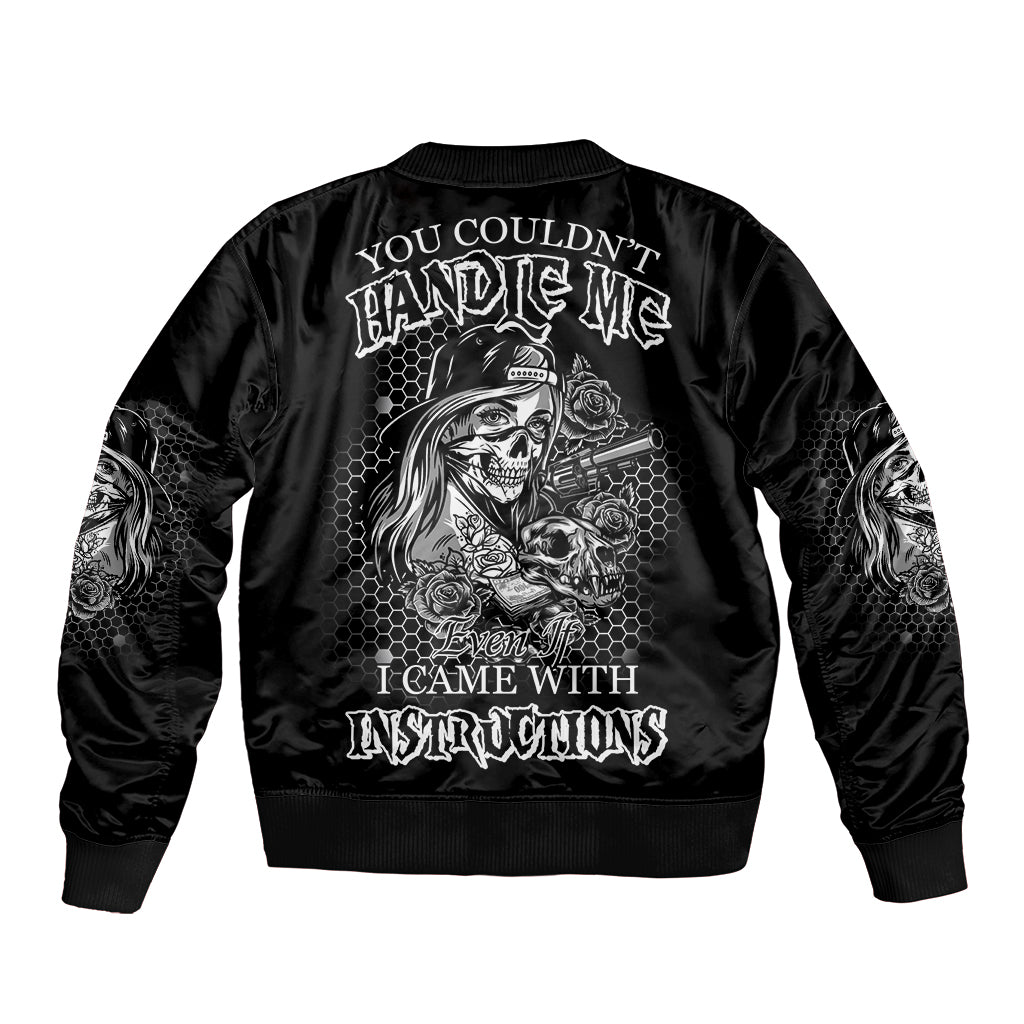 Black bomber jacket with ribbed collar, full back graphic, and long sleeves