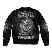 Black bomber jacket with ribbed collar, full back graphic, and long sleeves