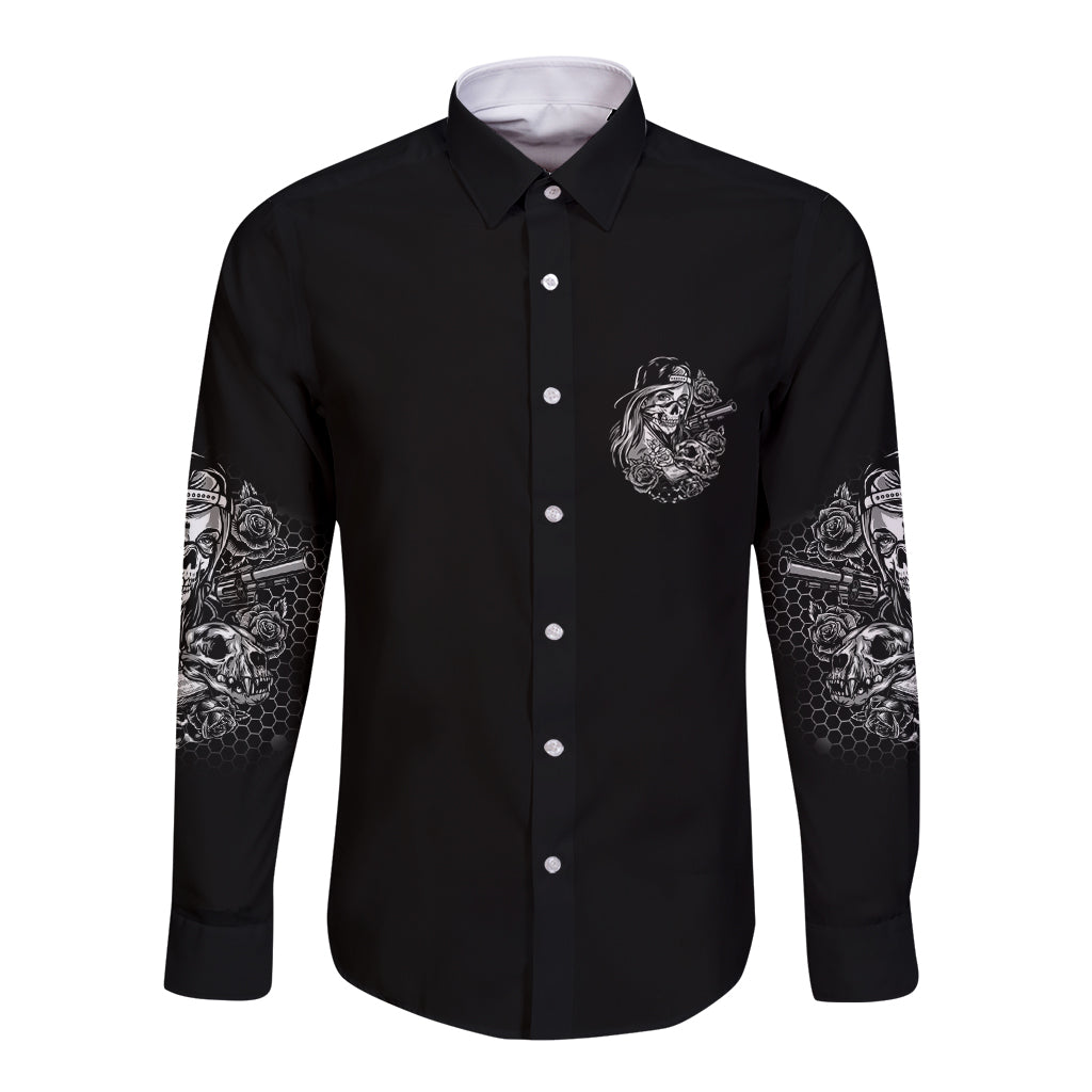 Black long-sleeve button shirt with small chest skull graphic and sleeve art