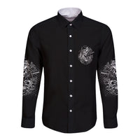 Black long-sleeve button shirt with small chest skull graphic and sleeve art