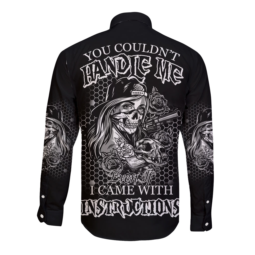 Black long-sleeve button shirt with large back skull, rose, and text graphic