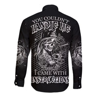 Black long-sleeve button shirt with large back skull, rose, and text graphic