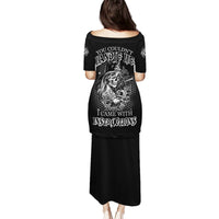 Black long dress with short sleeves, full back graphic print, and layered two-piece look