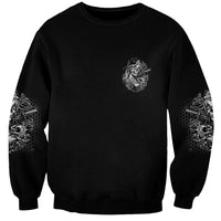 Black unisex sweatshirt with small chest skull logo and rose sleeve graphics