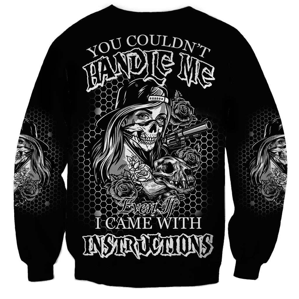 Black unisex sweatshirt with large back skull, roses, and text graphic