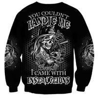 Black unisex sweatshirt with large back skull, roses, and text graphic