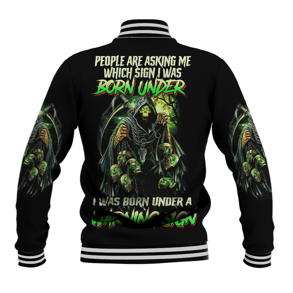 Black baseball jacket with skull reaper graphic and neon green back text