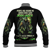 Black baseball jacket with skull reaper graphic and neon green back text